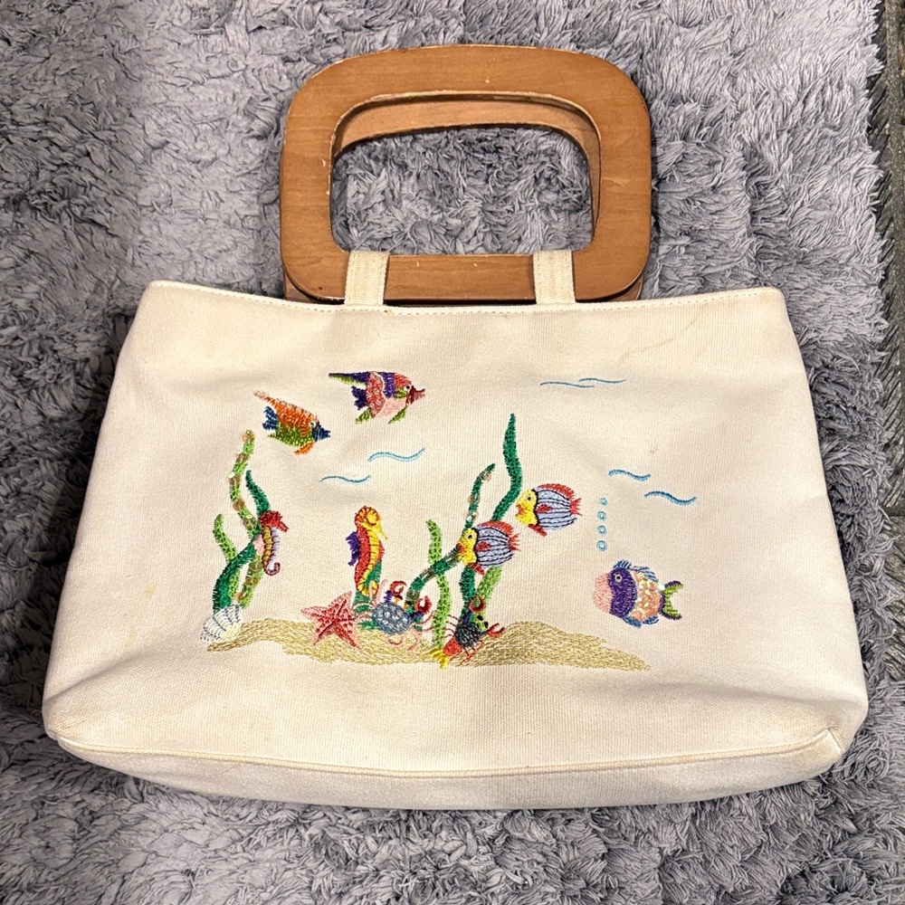 Embroidery & Sequins Super Cute Summer Handbag w/Wooden Handles